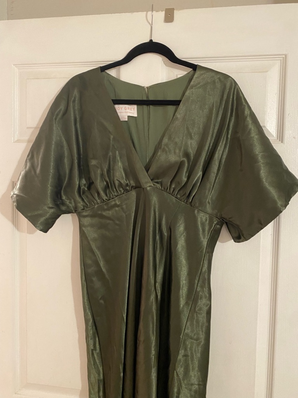 Birdy Grey Olive Green Satin Dress with V-Neck